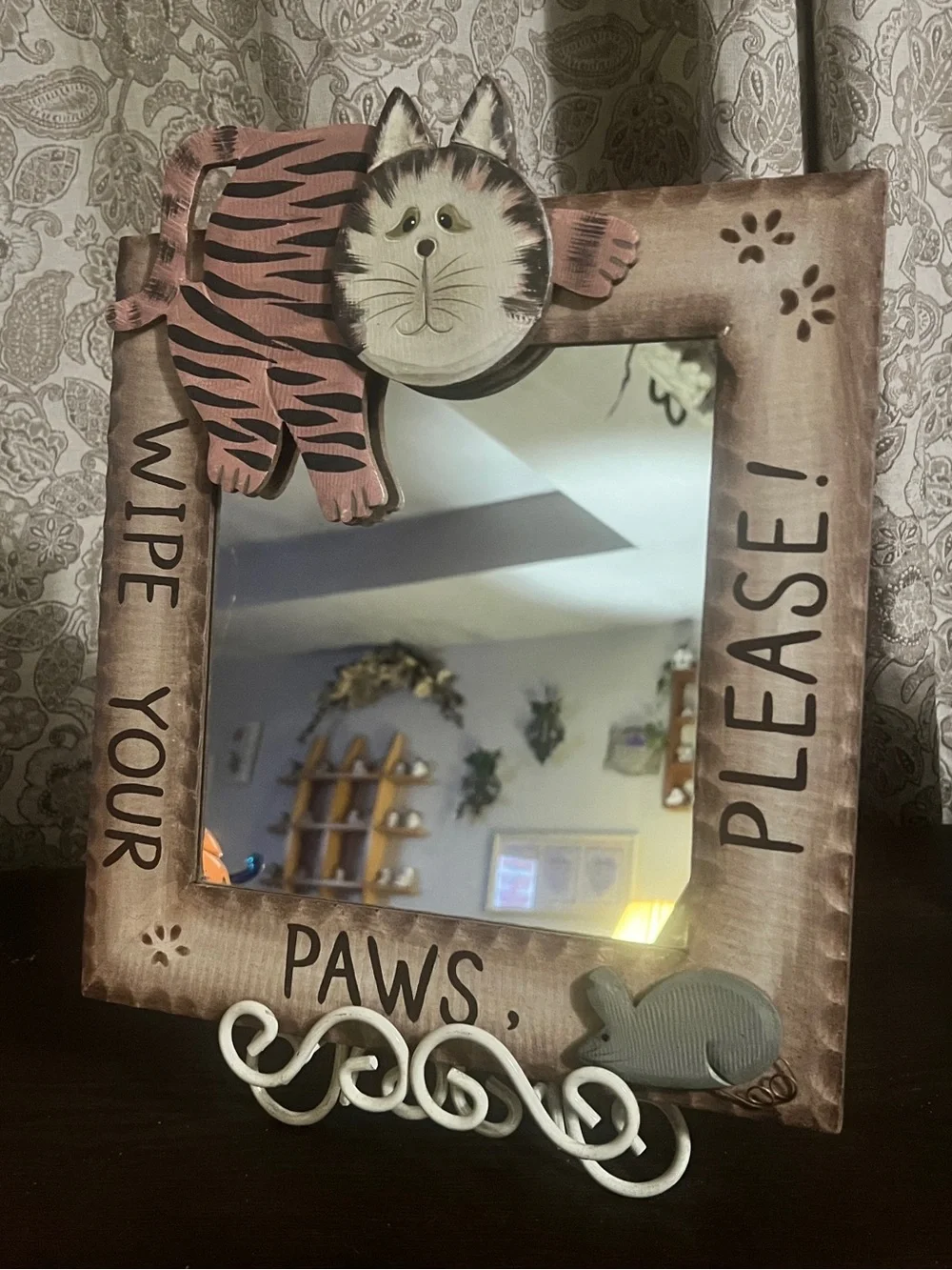 Vintage Folk Art Wooden Cat Wall Mirror - 